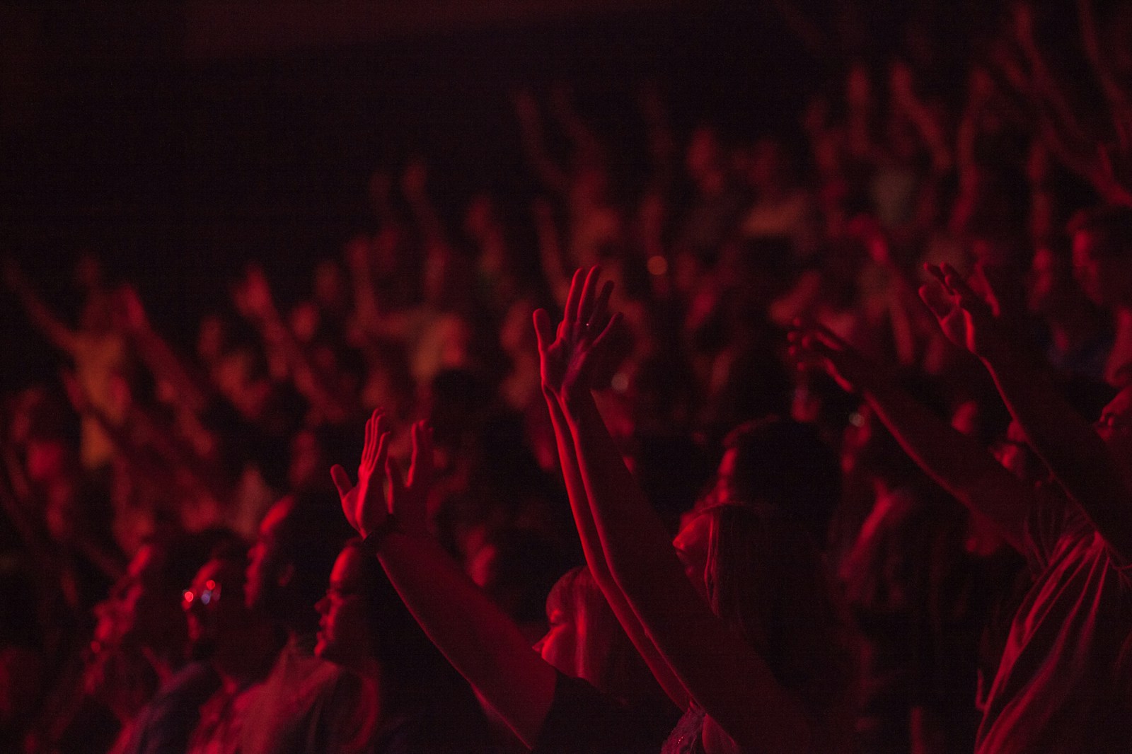 crowd lifting their hands watching concert